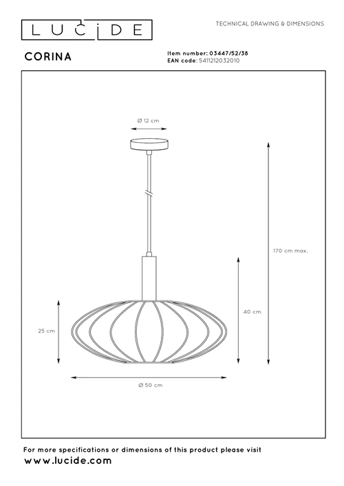 Lucide CORINA - Suspension - Ø 50 cm - 1xE27 - Crème - technique